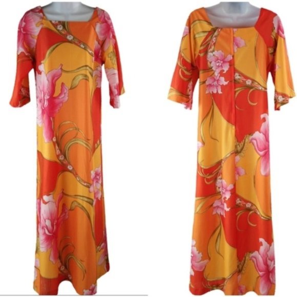 Hawaiian Togs Womens Maxi Dress 12 Vibrant Vtg 60s Orange Square Neck Elbow Slv - Picture 7 of 7
